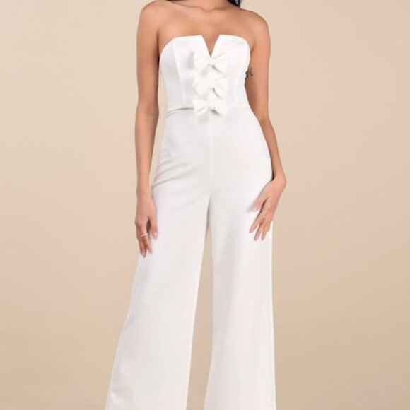 Lulus Opulent Outlook White Bow Strapless Wide-leg Jumpsuit - Size XL - Picture 1 of 1